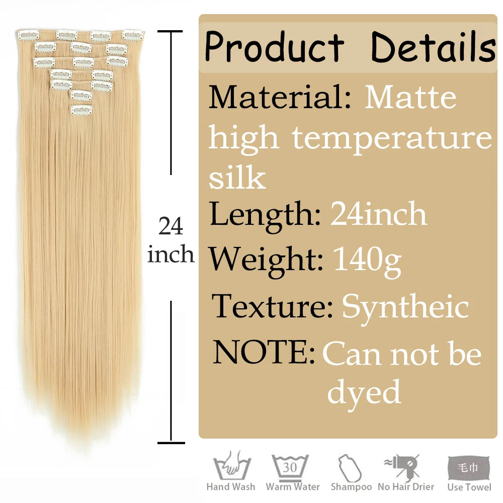 24Inchs 16 Clips in Hair Extensions Long Straight Synthetic